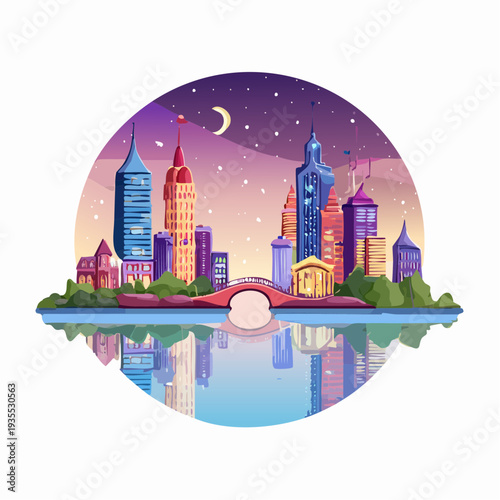 Whimsical Urban Skyline Illustration with Luminous Buildings Reflected in Tranquil Water at Night