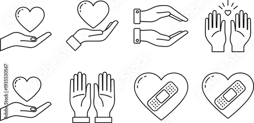 Collection of line art icons representing care, support, and healing with hearts and hands