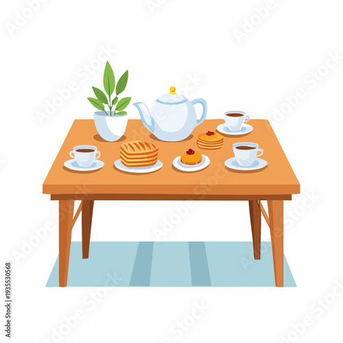 Inviting breakfast or afternoon tea table illustration with teapot, teacups, pancakes, and pastries, perfect for a cozy gathering