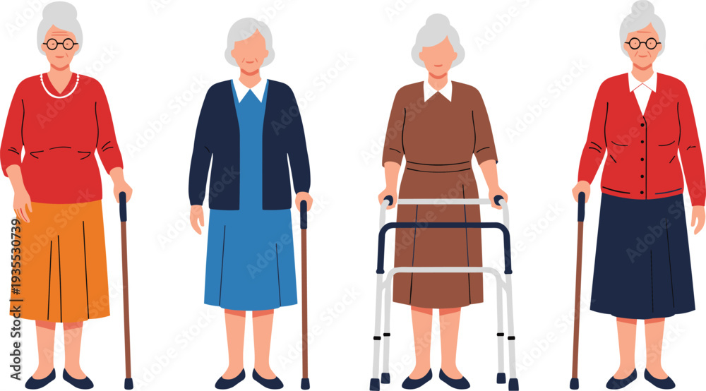 Obraz premium Elderly Women Characters with Walking Stick and Walker Mobility Aid Senior People Cartoon Vector Illustration Collection