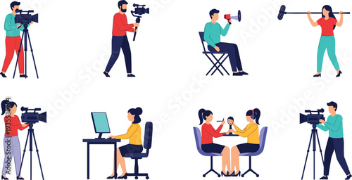 Media Production Team Characters Collection with Cameraman Interview Recording Editing and Filming Activities Cartoon Vector Illustration