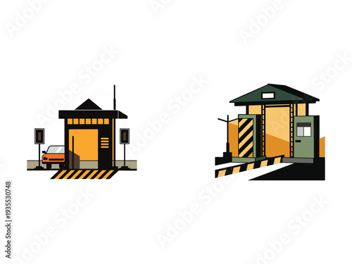 Security booths with gates and barriers for vehicle access control isolated on white background