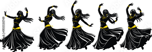Set of five elegant female belly dancer silhouettes in black and gold performing traditional middle eastern dance on white background