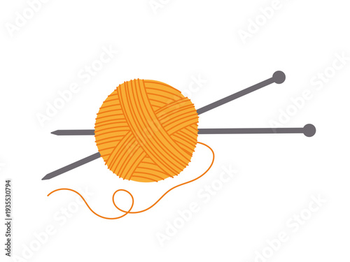 Ball of yarn for knitting and knitting needles. Vector color image.