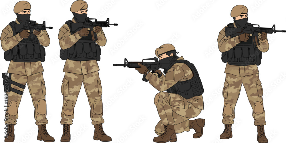 Obraz premium Modern Military Soldier Characters with Tactical Gear and Assault Rifles in Different Combat Poses Army Vector Illustration Set