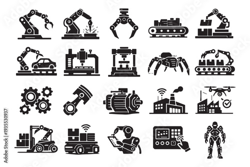 Modern industrial automation icons set for technology and manufacturing