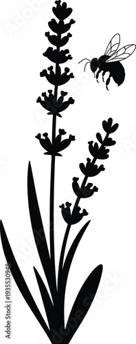 Lavender Flower With Bee Flying Silhouette Art