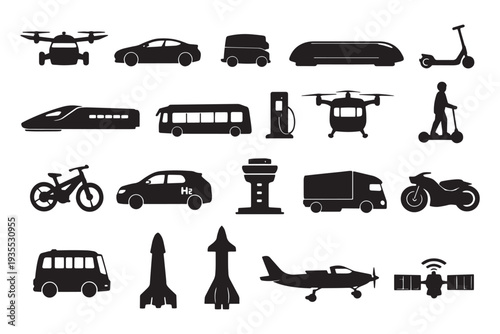 Collection of modern transportation icons including cars, buses, and aircraft