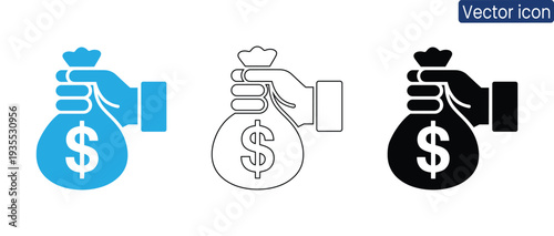 Set of vector icons depicting hands holding money bags with dollar signs and crowns, symbolizing wealth and financial success