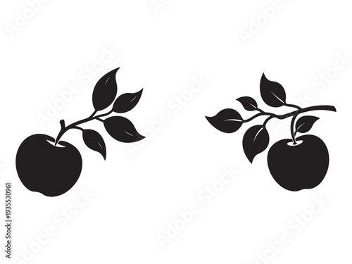 Silhouette of two apples with leaves on branches  isolated on white background