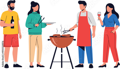 Friends Having Barbecue Party Cooking Meat on Grill and Drinking Wine Outdoor Social Gathering Cartoon Vector Illustration