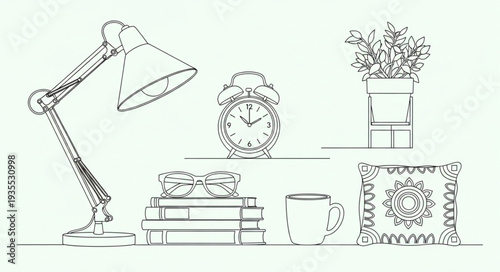 Desk lamp books alarm clock mug plant pillow drawing.