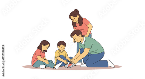 Illustration of a family with a man kneeling and tying a child's shoelaces while the mother and another child sit nearby on a pink rug with a white background.