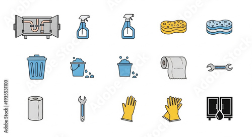 Collection of cleaning supplies and tools for home hygiene.
