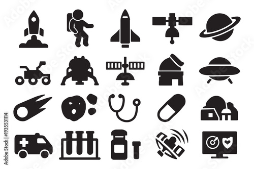 Collection of modern technology and medical icons in black