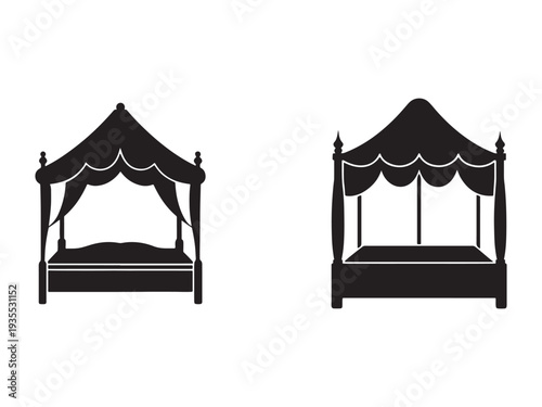 Silhouette of two four poster beds with canopies  one with mattress and one without  on white background