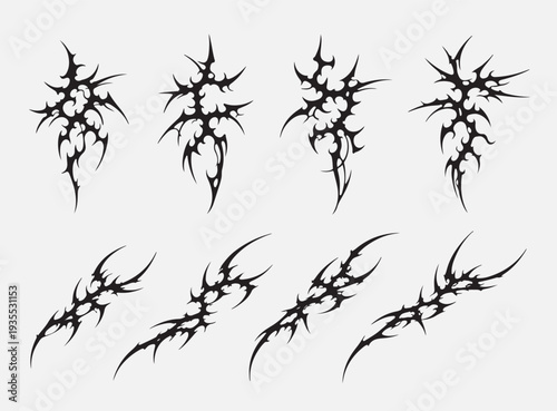 Abstract Neo Tribal Graphic Elements for Cyberpunk and Streetwear Design, Set of vertical and diagonal black ink abstract shapes featuring organic yet sharp edges for modern underground apparel.