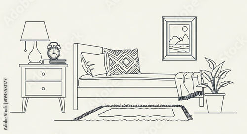 Cozy Bedroom Sketch with Bed Nightstand and Plant.
