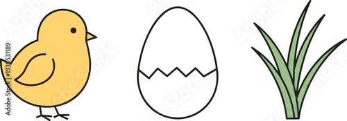 Cute cartoon chick hatching from an egg surrounded by green grass on a white background