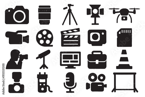 Collection of film and photography equipment icons in black