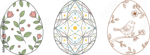 Three decorative Easter eggs with unique designs, celebrating spring and new beginnings