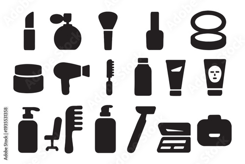 Collection of black beauty and cosmetic product icons