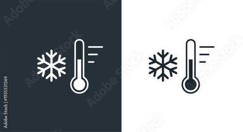 Graphic illustration of temperature icons with snowflakes on black and white backgrounds, conveying hot and cold weather conditions.