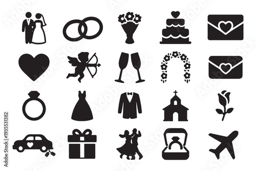 Black wedding icons set for commercial use in design projects