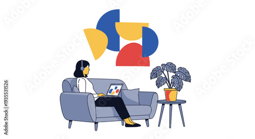 Woman Relaxing With Laptop in Living Room Illustration