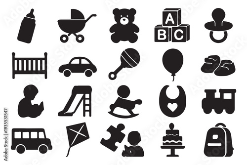 Collection of black baby and childhood icons on white background