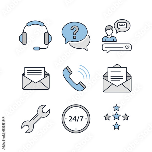 A collection of nine icons representing customer service, communication, and support functions, including a headset, question mark, chat bubble, email, phone, wrench, clock, and stars.