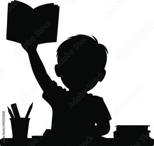 Young Student Holding Up Book Silhouette Graphic