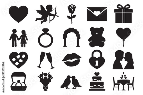 Romantic Valentine's Day and wedding icons for love and relationships