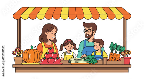 Illustration of a family of four running a colorful fruit and vegetable stand with a striped awning.