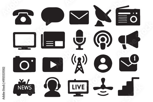 Collection of modern communication and media icons for business and technology
