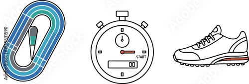 Athletic icons: running track, stopwatch, and sneaker for sports and fitness