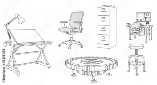 Collection of office furniture and equipment drawings.