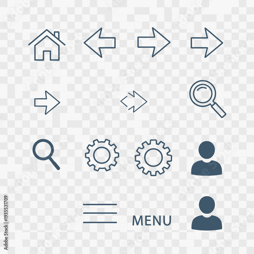 Set of common user interface icons including home, arrows, search, settings, user, and menu on a transparent background.