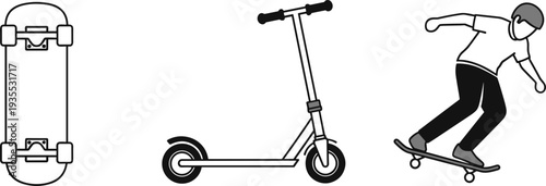 Skateboard, scooter, and skateboarder performing a trick in a minimalist line art style