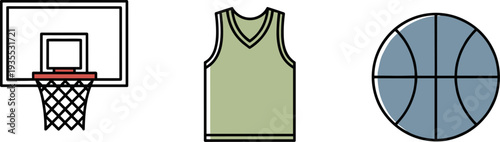 Basketball hoop, jersey, and ball icons representing the sport of basketball