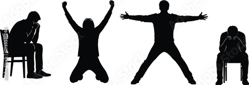 Silhouette of people expressing diverse emotions from deep sadness and despair to intense joy success and freedom in daily life