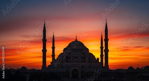 Mosque Silhouette at Dramatic Sunset Sky.