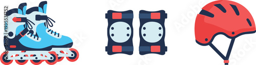 Inline skates, knee pads, and helmet for rollerblading and skateboarding safety
