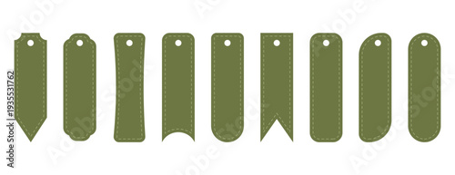 Set green rectangular tags or labels in different shapes. Blank hanging labels for product packaging, price tags, retail branding and handmade goods design.