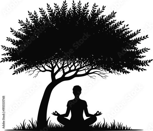 Black Silhouette Of Meditation Under A Tree