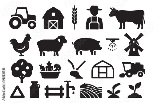 Farm icons and symbols for agriculture and rural life