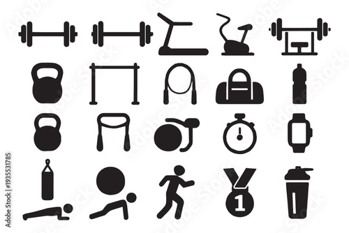 Fitness icons for gym and workout routines with various equipment