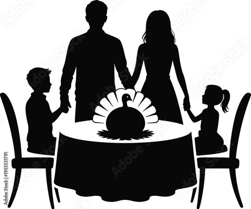 Family Praying Together At Thanksgiving Dinner Silhouette