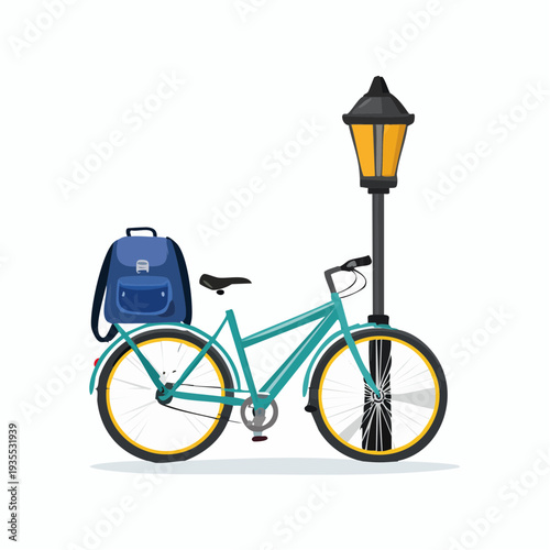 Urban bicycle with a backpack next to a classic street lamp, symbolizing eco-friendly travel and daily city commutes