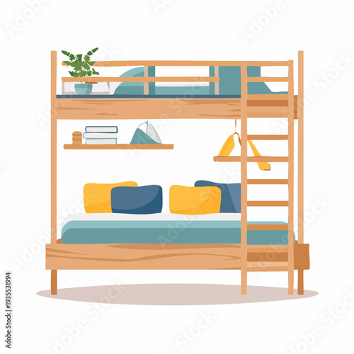 Modern wooden bunk bed with comfortable bedding and integrated shelves, perfect for kids' rooms or shared living spaces, offering space-saving and cozy design